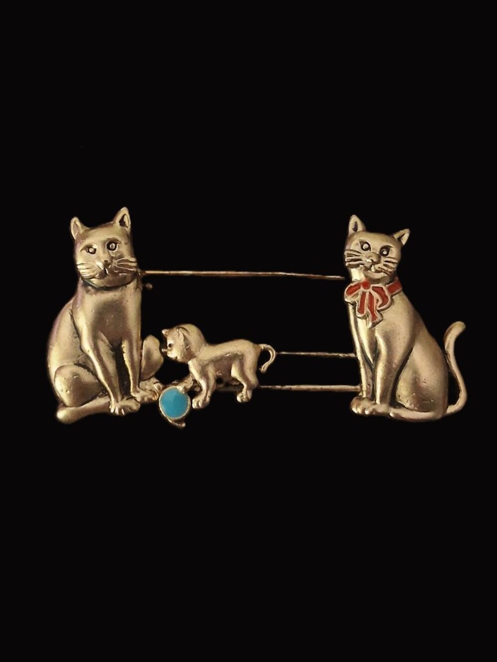 VTG JJ Jonette Kinetic Cat Slider Pin Brooch Sliding Kitten Enamel Ball